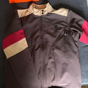 Men's Brown Bomber Jacket with Cream Shoulder Panels and Red Sleeve Bands